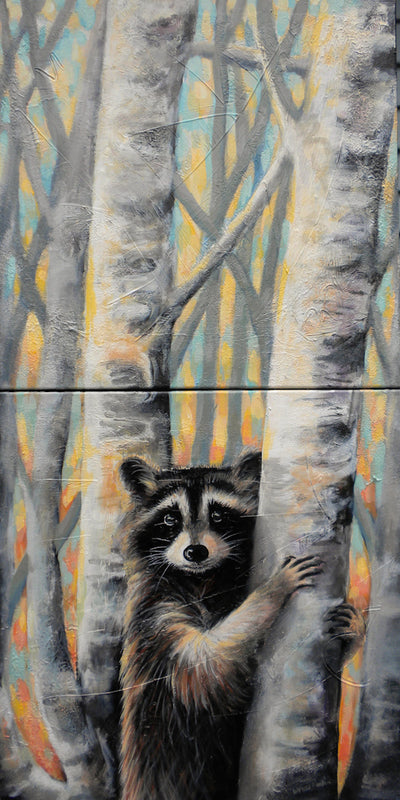 Raccoon in Birches (diptych) - Wynne Parkin-Painting-Eclipse Art Gallery
